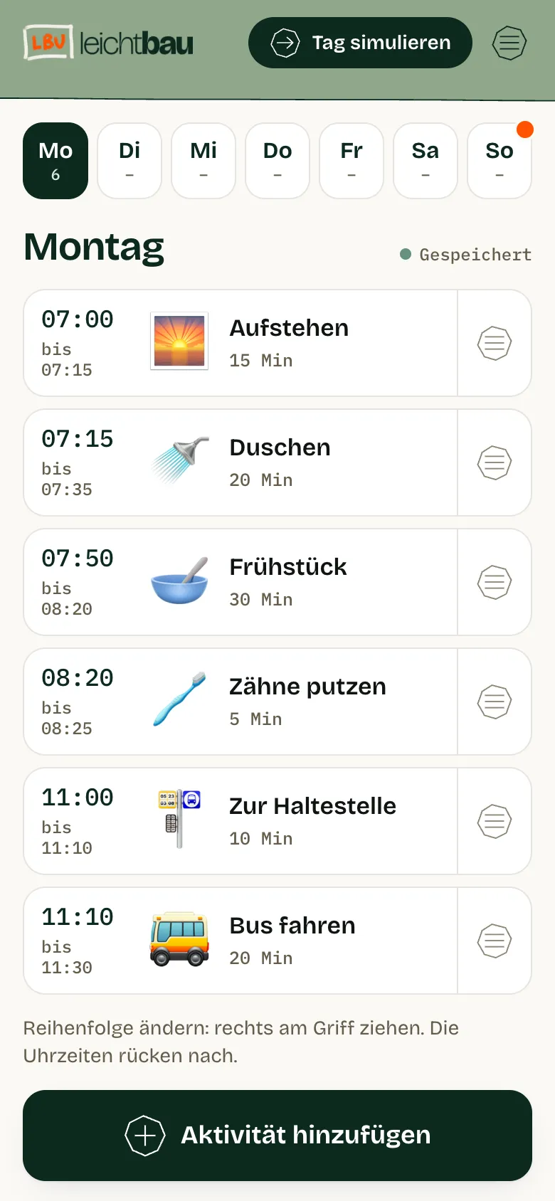 Tagesplan: der Montag als Liste mit Uhrzeiten und Bildern, von Aufstehen bis Bus fahren
