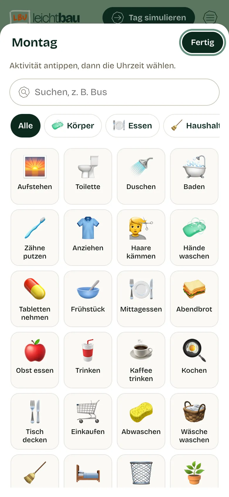 Auswahl der Aktivitäten als Raster aus Bildern, sortiert nach Bereichen