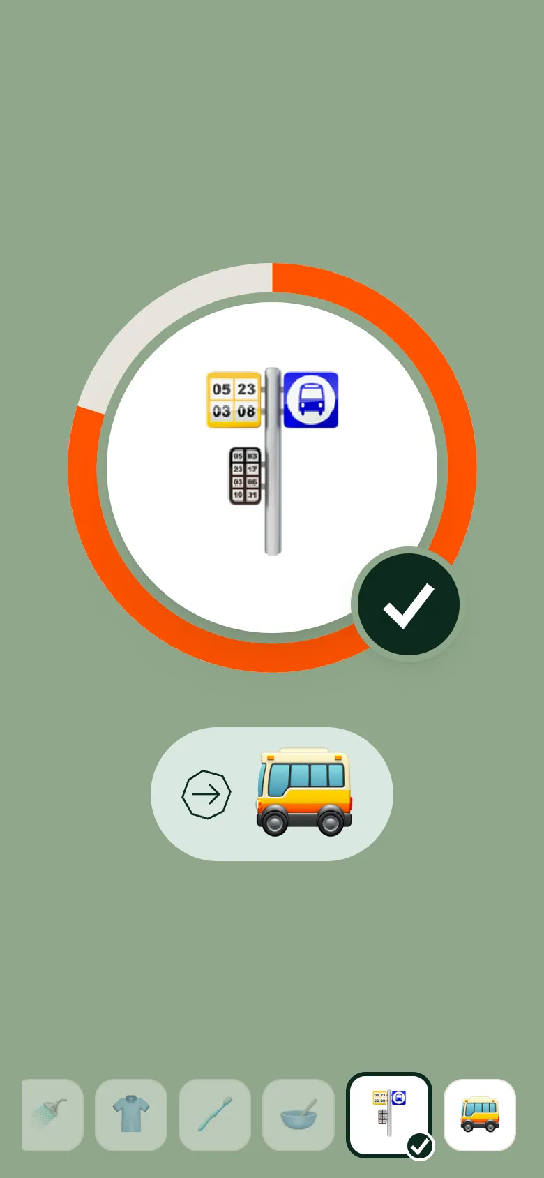 Tagesansicht der App in Grün: das Bild der Haltestelle im Ring, darunter der Bus als nächstes Bild